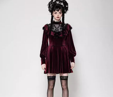 Personality Gothic Dark Red Velvet Dress
