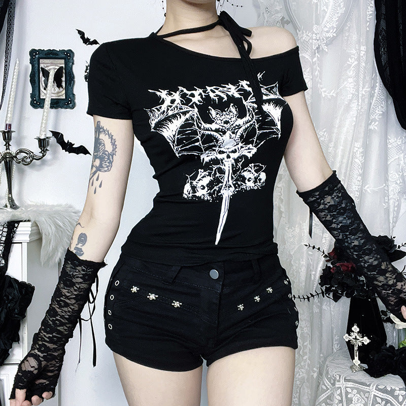 Dark Gothic-style Off-shoulder Basic Print Top