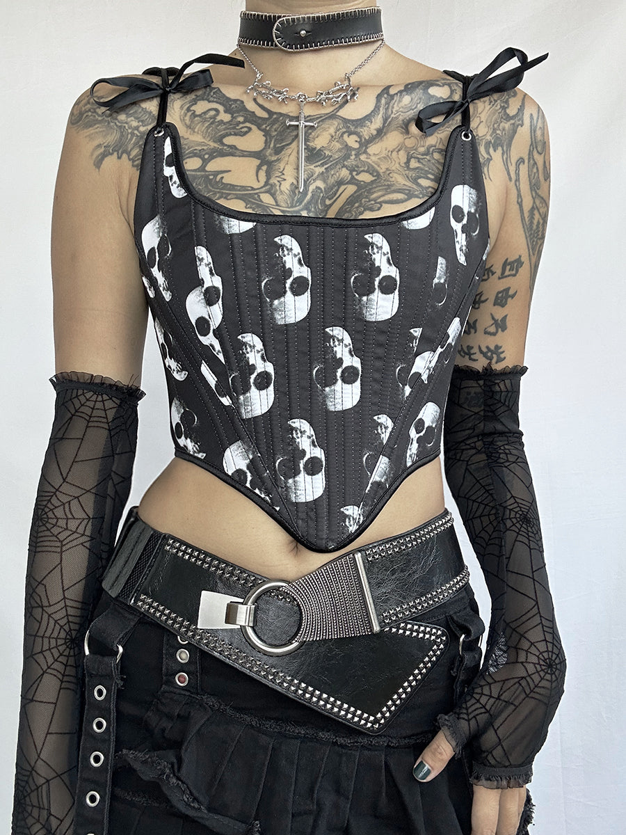 Dark Gothic Punk Spicy Girl Retro Skull Head Print Corset Tie Up Chest Vest