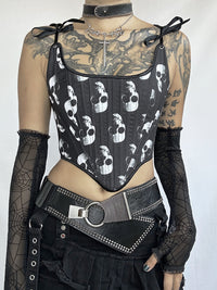 Dark Gothic Punk Spicy Girl Retro Skull Head Print Corset Tie Up Chest Vest