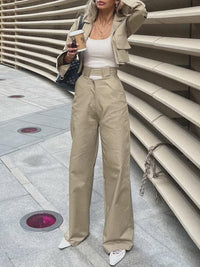 Khaki Cropped Utility Blazer & Wide-Leg Pants Set