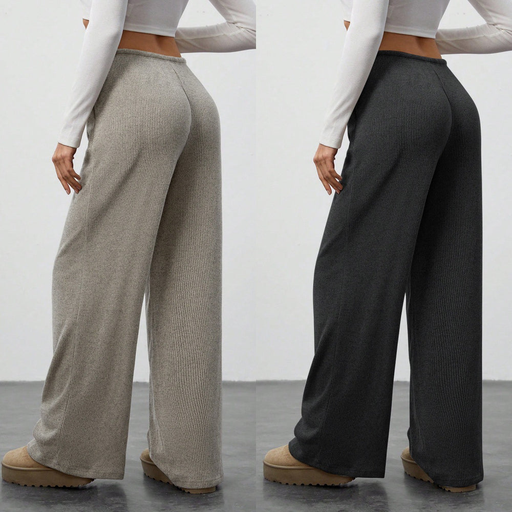 Womens Solid-Color Flowy Drawstring-Waist Wide-Leg Casual Pants