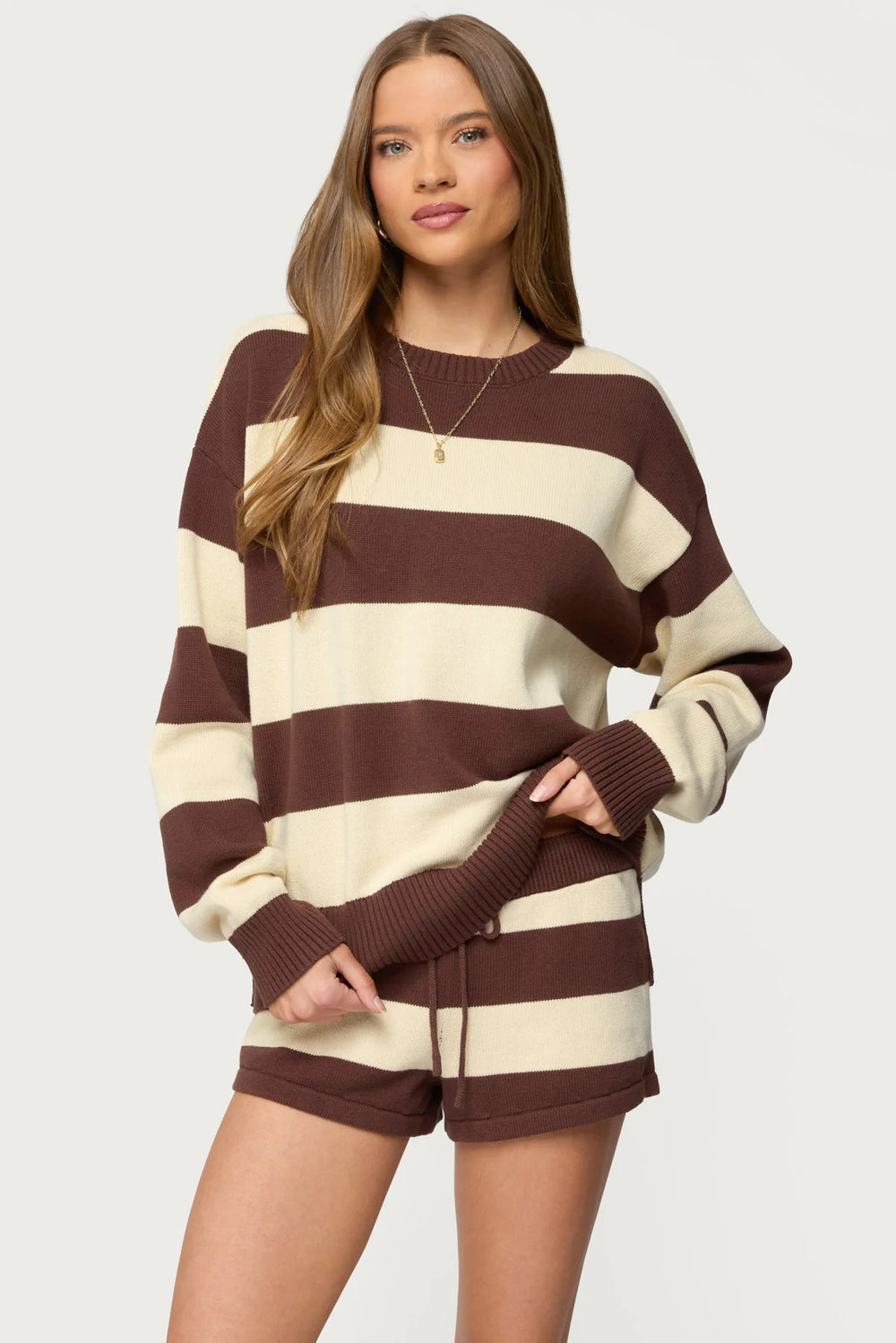 Casual Crew-Neck Striped Patchwork Knitted Sweater Set