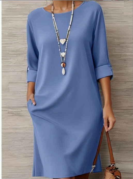 Versatile Solid-color Mid-sleeve Dress With Side Pockets