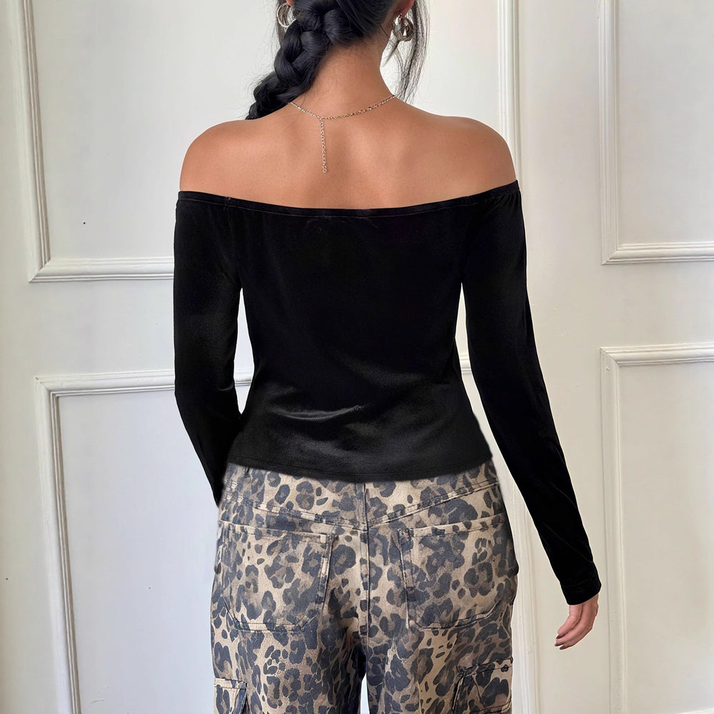 Womens Solid-Color Versatile Off-Shoulder Slim-Fit T-Shirt