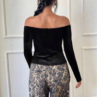 Womens Solid-Color Versatile Off-Shoulder Slim-Fit T-Shirt