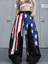 Womens American-style Washed Striped Heat-pressed Patch Jeans