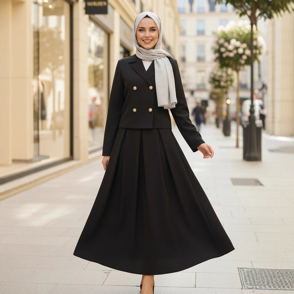 Buttoned Wool Coat And Preppy A-Line Maxi Dress Set