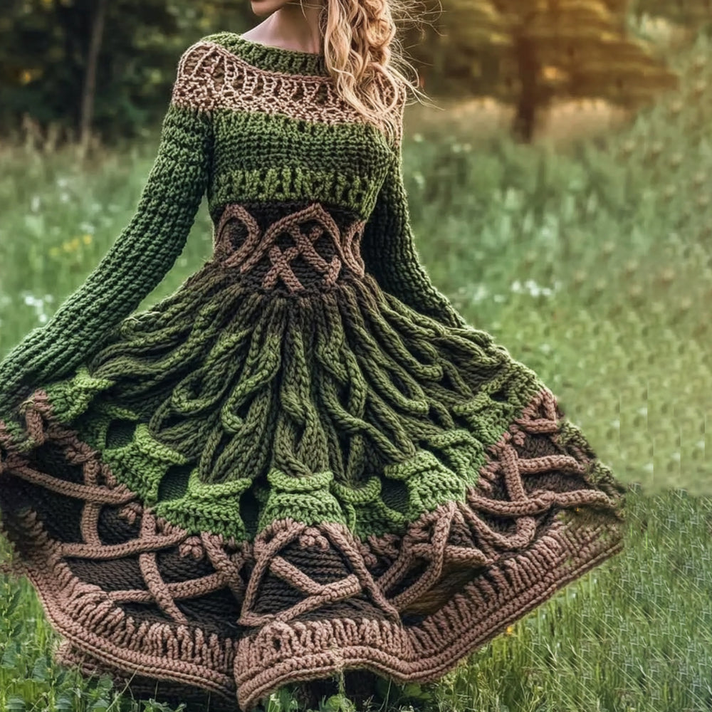 High-neck Dress Sweater With A Retro Cable-knit Design And Long Sleeves