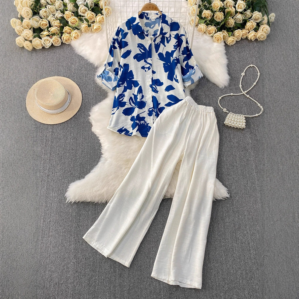 Raglan-sleeve Sun-protective Shirt High-waiste Slimming Wide-leg Pants