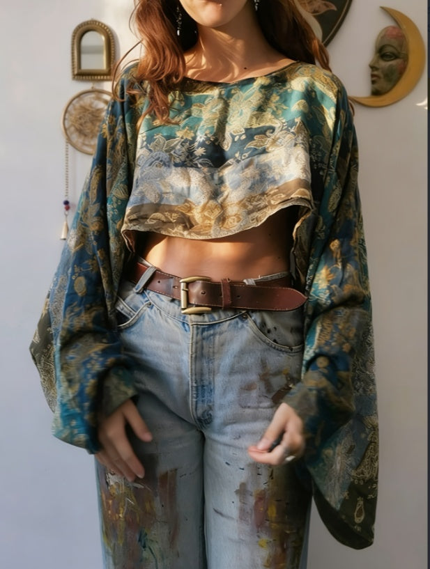 Women's Ethnic Style Printed Loose Long-sleeve Short Crop Top