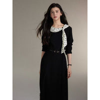 French Retro Hepburn-Style Ruffle-Detail Bow-Tie Dress