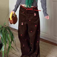 Retro High-Street Corduroy Pants With Embroidered Bear Design