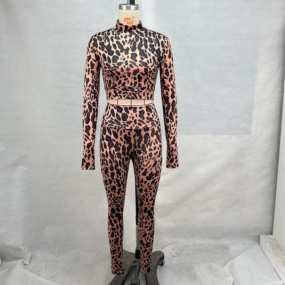 Crew Neck Waist Cinching Midriff Baring Long Sleeve Top Paired With High Waisted Butt Lifting Pantsa Two Piece Set