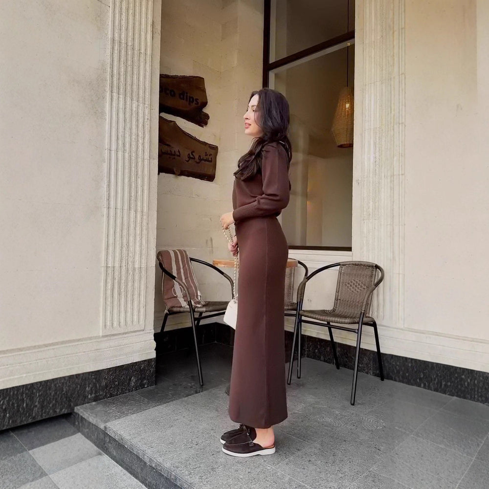 Elegant Long-sleeve Zip-front Waist-cinching Knit Sheath Dress For Women