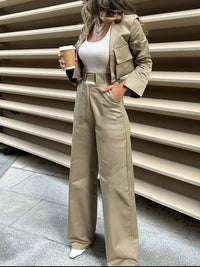 Khaki Cropped Utility Blazer & Wide-Leg Pants Set