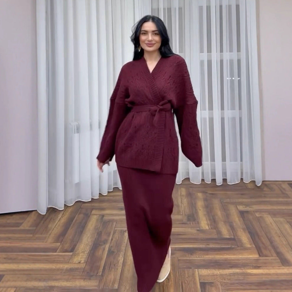 V-neck Cardigan With Tie Details, A Loose-fitting, Versatile Knit Sweater Dress Set