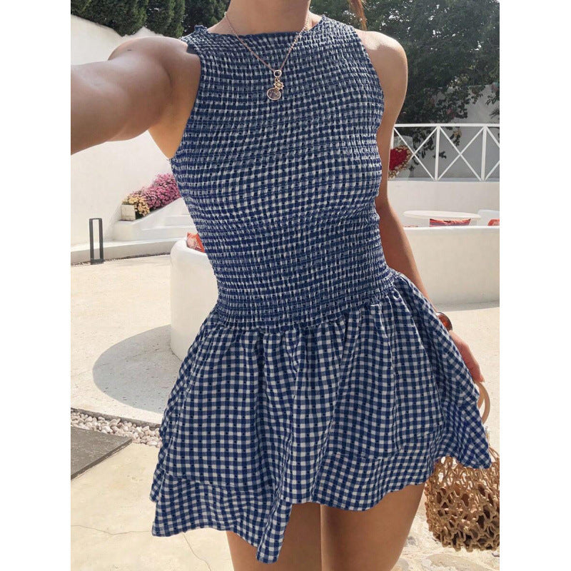 Womens Sleeveless Fitted Belted Dress With A French-Style Plaid Pattern