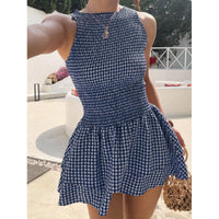 Womens Sleeveless Fitted Belted Dress With A French-Style Plaid Pattern