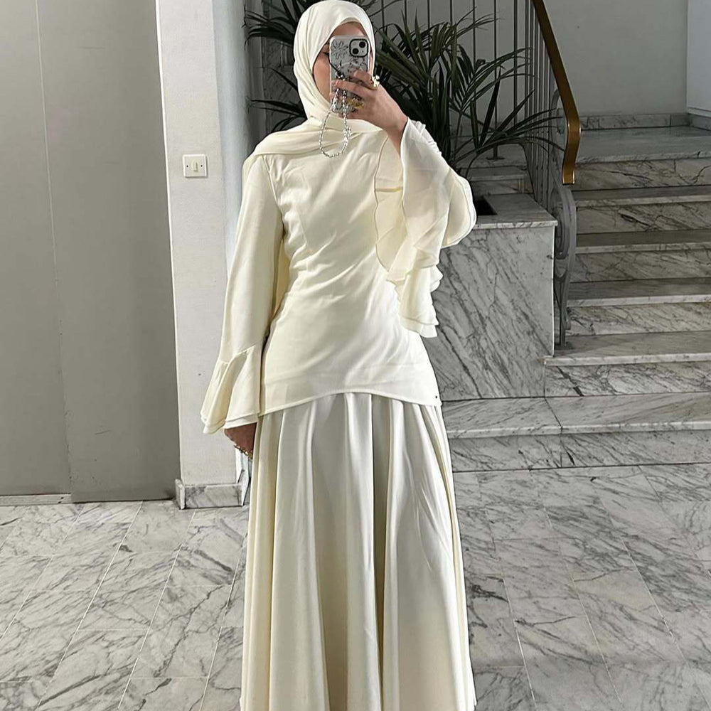 Solid-color Long-sleeve Elegant Headscarf Dress Set