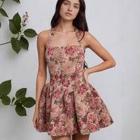 Womens Strapless Cinched Waist Floral Mini Backless Dress