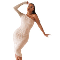 Asymmetrical-neck One-shoulder Long-sleeve Sheath Dress