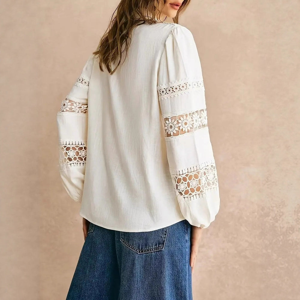Lace-trimmed Openwork Long-sleeve Shirt With Patchwork Details