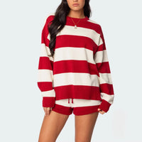 Casual Crew-Neck Striped Patchwork Knitted Sweater Set