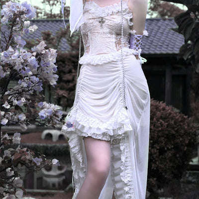 God's Redemption Chinese Style White Gothic Drawstring Mesh Dark Strap Dress Summer