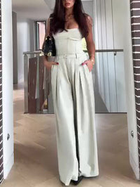 Light Tone Bustier & High-Waisted Wide-Leg Pants Set