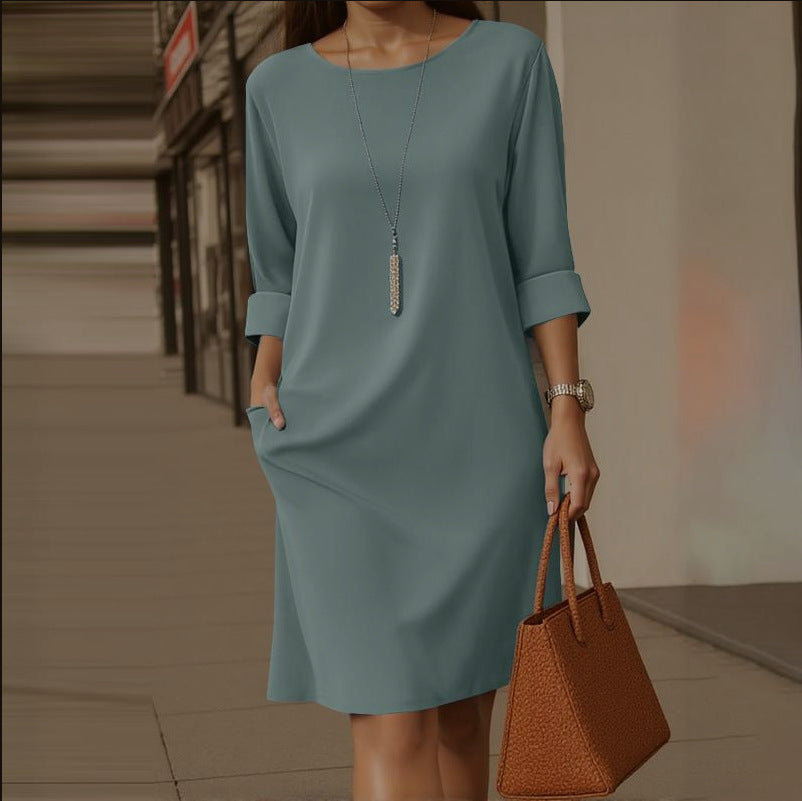 Versatile Solid-color Mid-sleeve Dress With Side Pockets