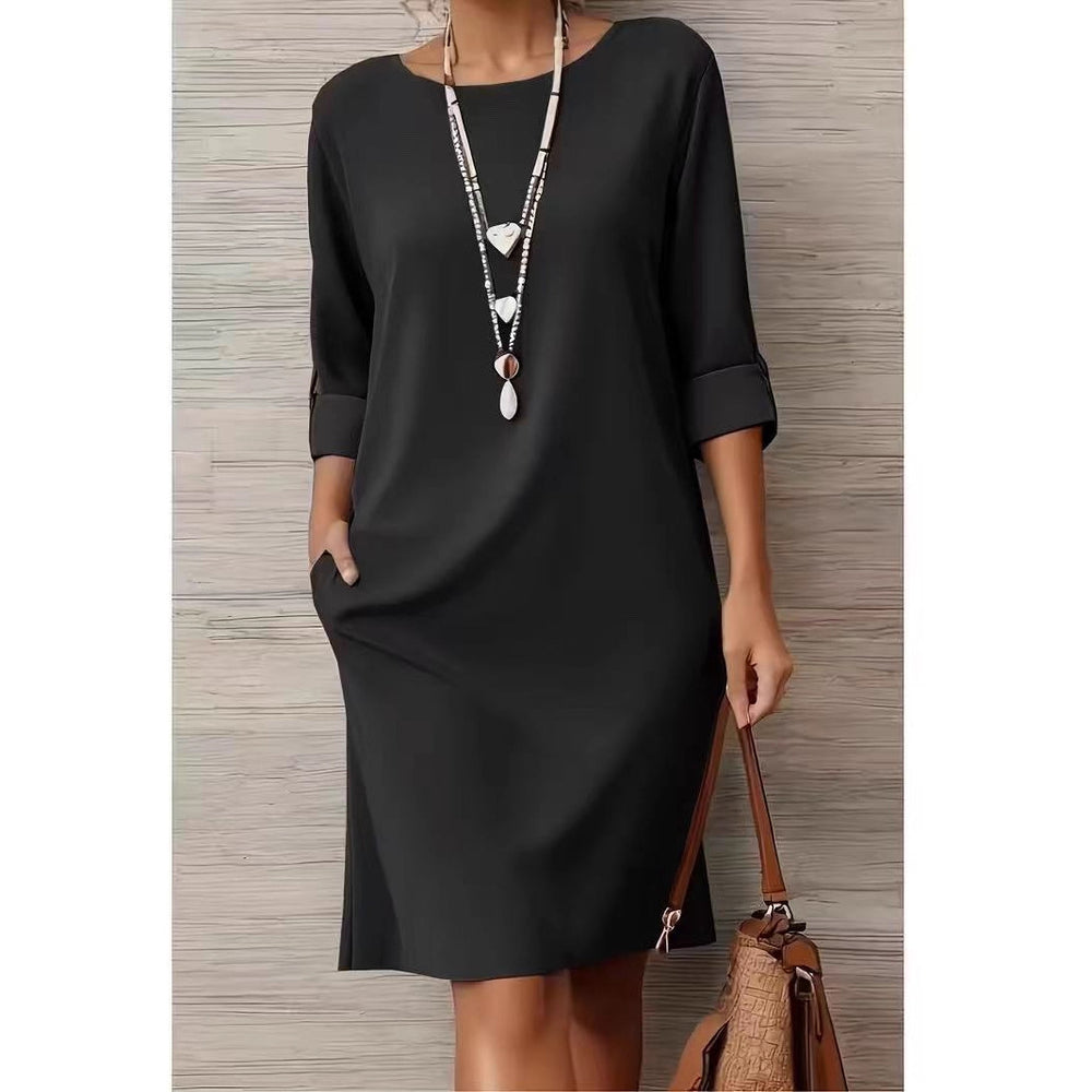 Versatile Solid-color Mid-sleeve Dress With Side Pockets