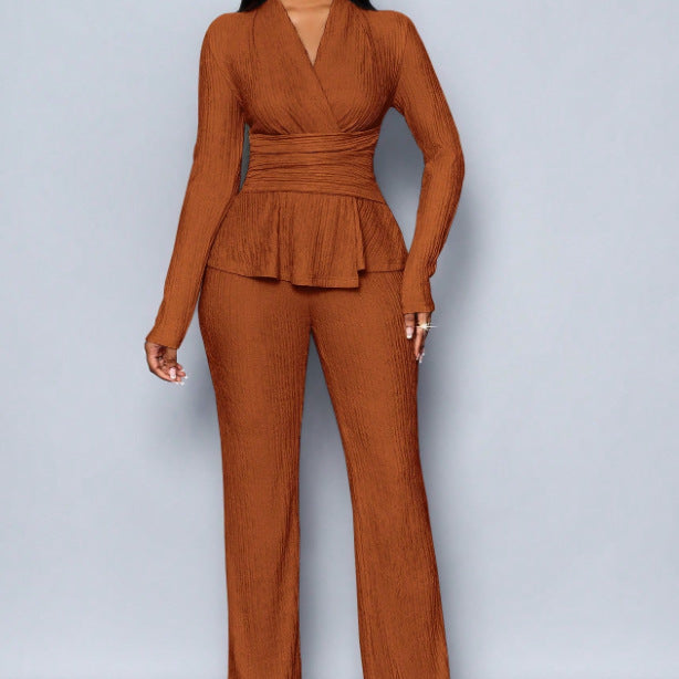 Womens Versatile, Waist-Cinching, Slimming Solid-Color Long-Sleeve Set
