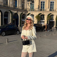 Womens Two-Piece Set Long-Sleeve Top And High-Waisted Shorts