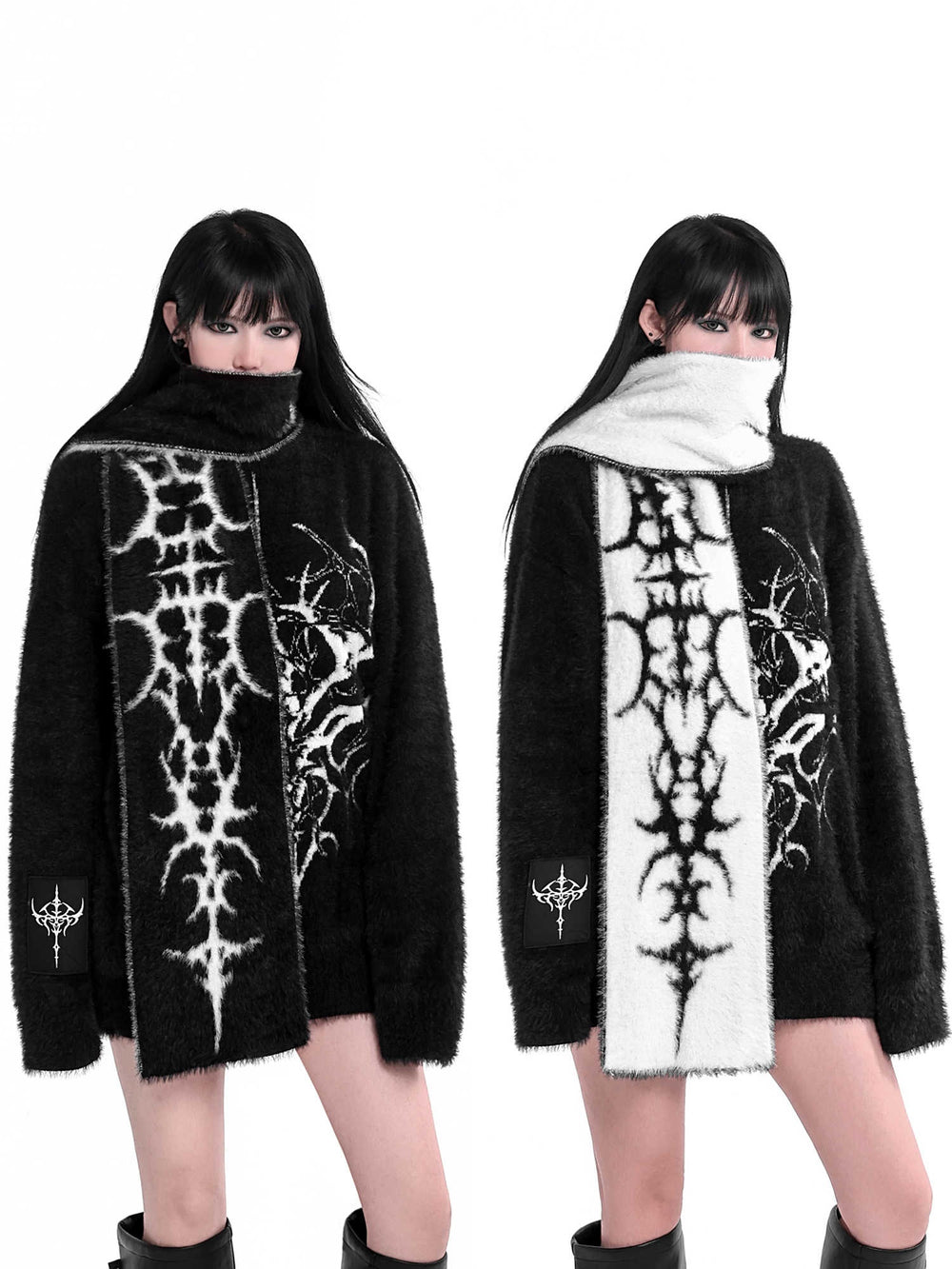 Gothic Dark Black White Gray Double-sided Faux Mink Scarf