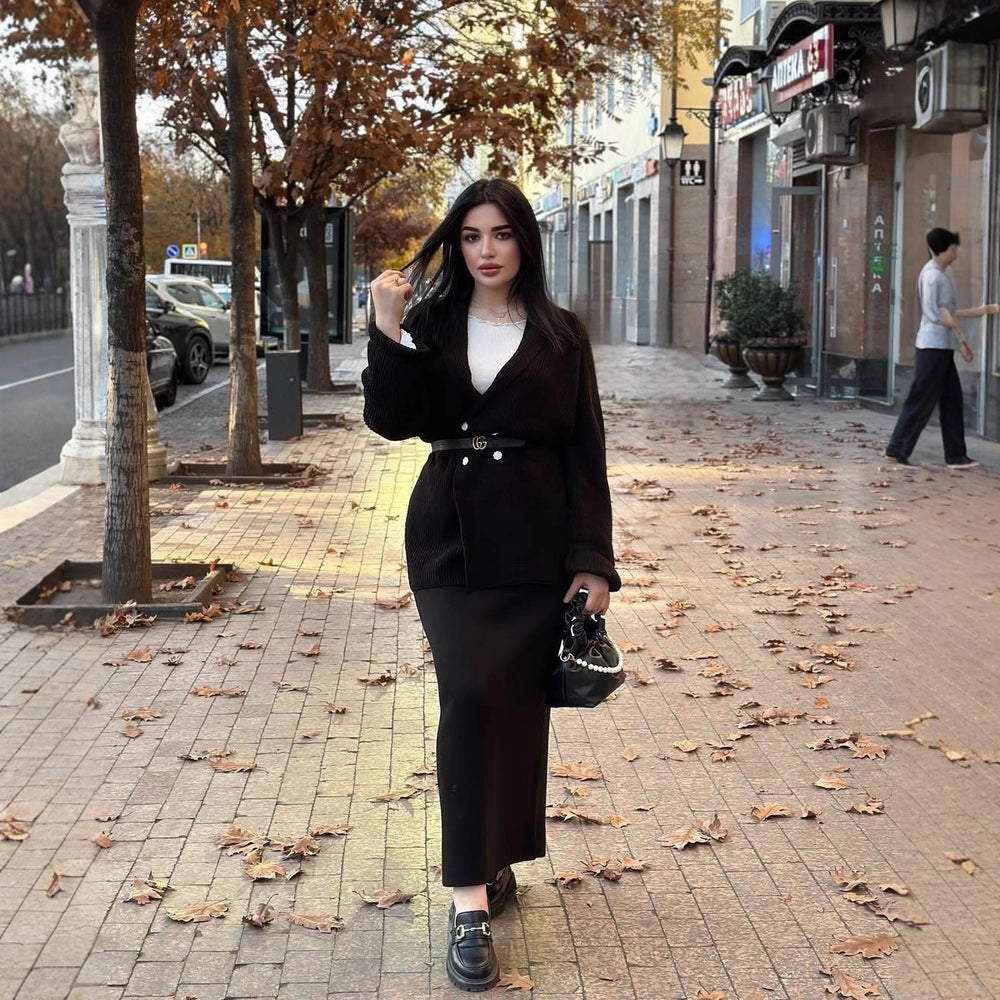 New Double-breasted Button Sweater Jacket And Sheath Skirt Set