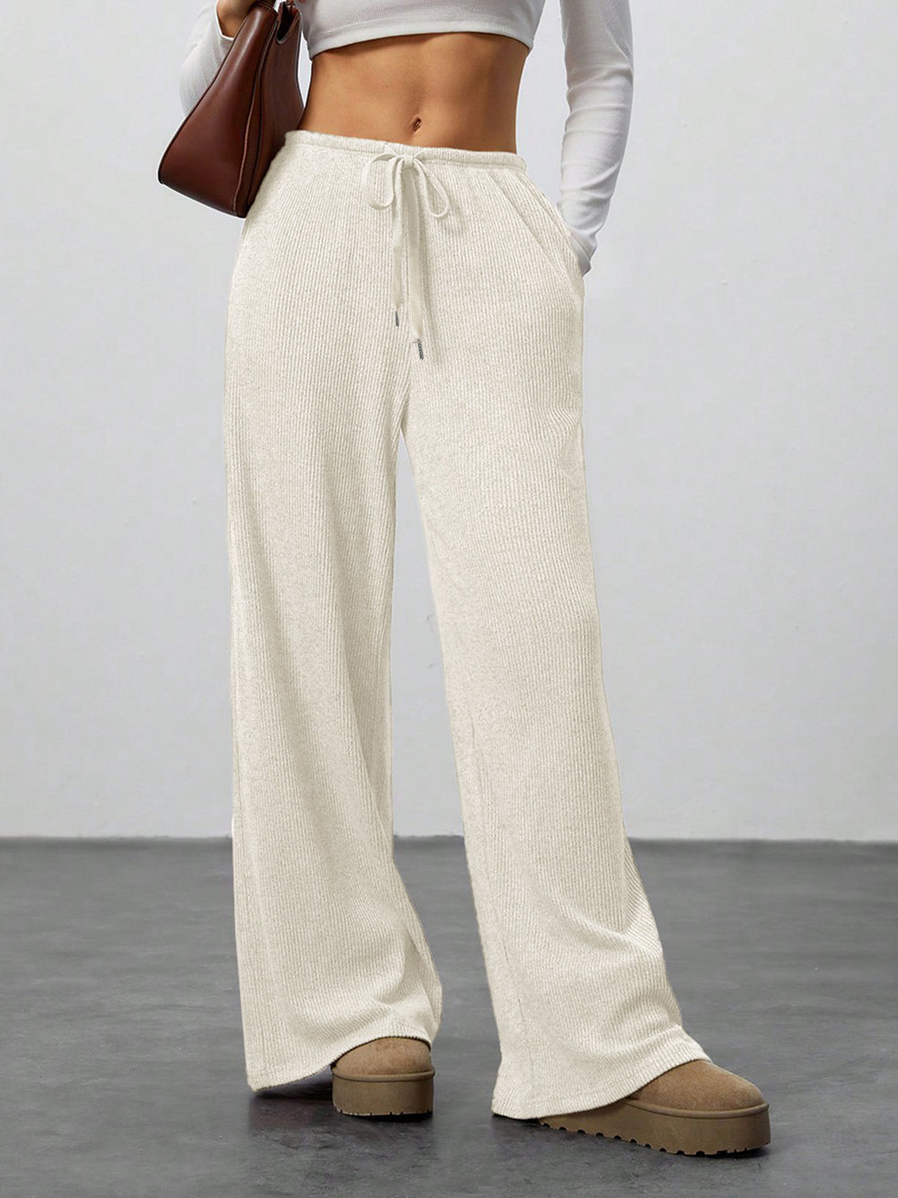 Womens Solid-Color Flowy Drawstring-Waist Wide-Leg Casual Pants