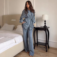 Fashionable Shirt-buttoned Tie-waisted Loose Jacket Denim Suit For Women