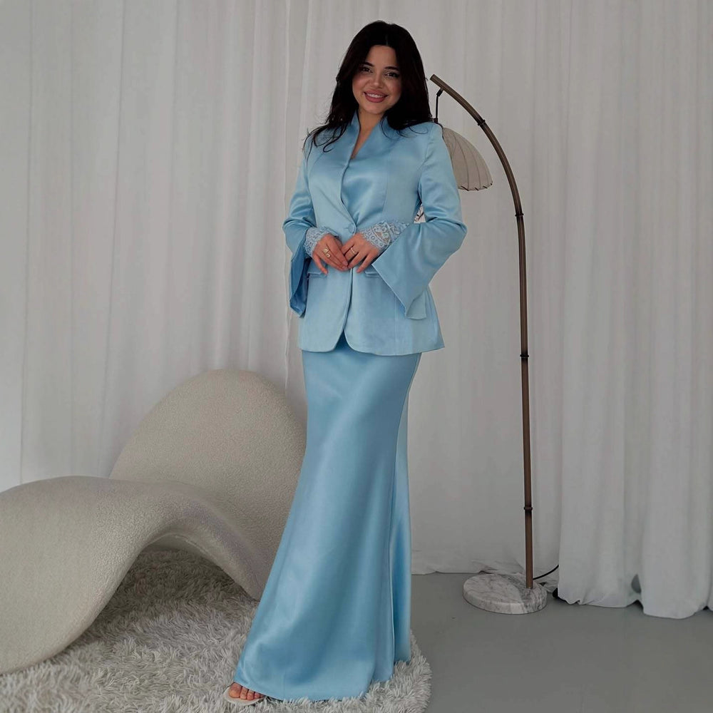 Elegant Slim-fit Solid-color Suit Jacket And Satin Maxi Skirt Set