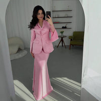 Elegant Slim-fit Solid-color Suit Jacket And Satin Maxi Skirt Set