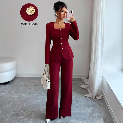 Defined-Waistline Long-Sleeve Top And Wide-Leg Pants Two-Piece Pants Set