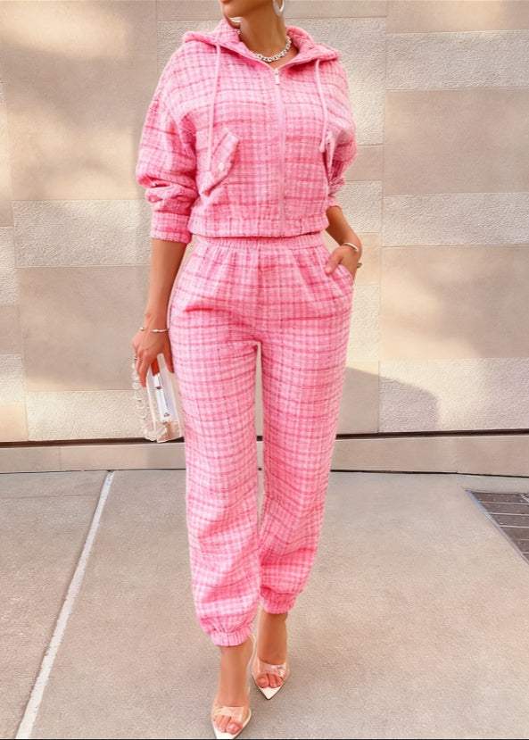 2026 Women's Chanel-style Plaid Hooded Set - High Street Tweed Zip-up Sweatshirt