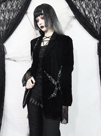 Gothic Style Dark Black Velvet Woolen Shoulder Pad Blazer Women
