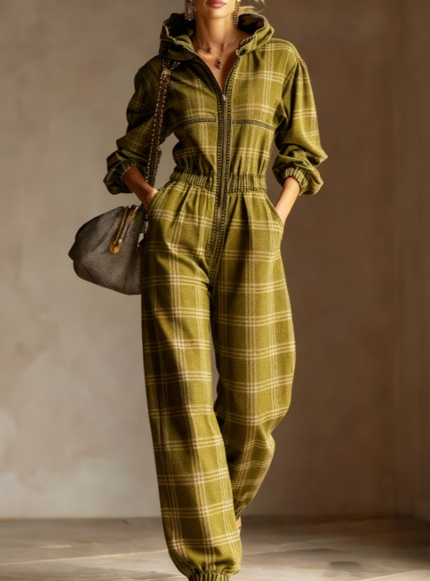 Vintage Plaid Hooded Waist-cinched Jumpsuit, Casual Loose  Long-sleeved Jumpsuit