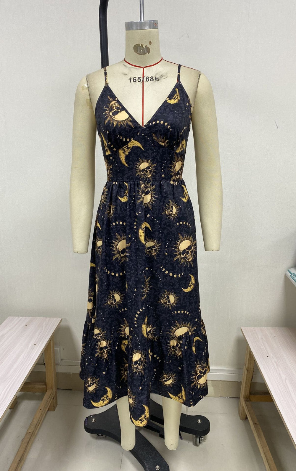 Lady Gothic Retro Dark Skull Bone Sun And Moon Print Dress