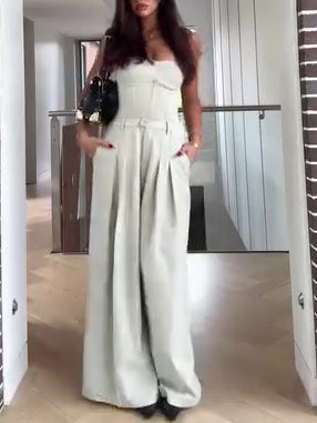 Light Tone Bustier & High-Waisted Wide-Leg Pants Set