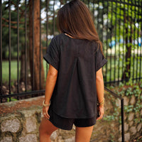 Solid-color Crew-neck Short-sleeve Shorts Two-piece Set