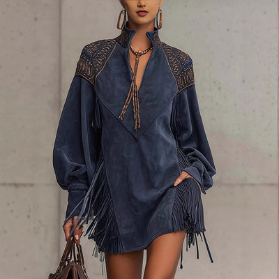 European And American V-neck Tassel-embroidered Dress