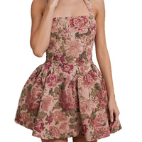 Womens Strapless Cinched Waist Floral Mini Backless Dress