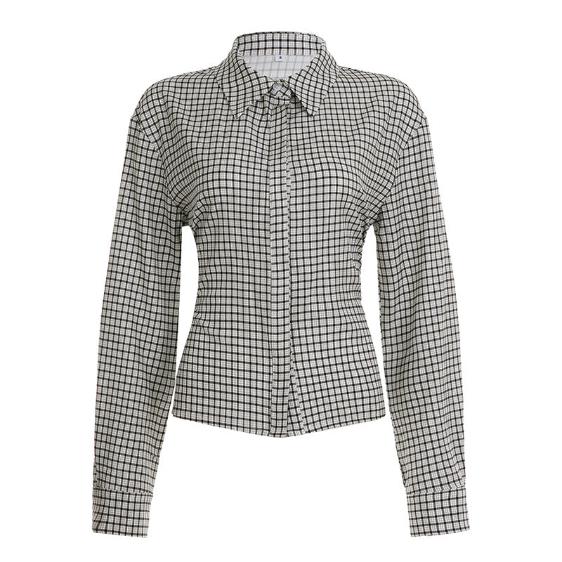 Retro Fitted-waist Tie-up Long-sleeve Plaid Shirt